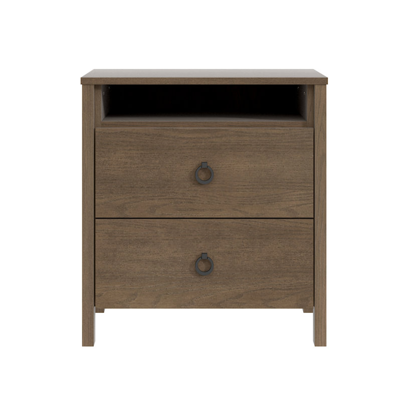 Table de chevet Mucci de style transitionnel en bois massif, 2 tiroirs et étagère, 57,7 cm de hauteur, Brun, Individuel