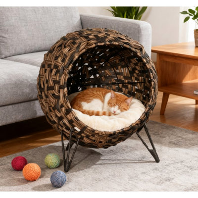 Hand-Woven Braided Banana Leaf Kitten House, Elevated Cushioned Bed For Indoor Felines, Brown And Metal Tripod Balance House With Cushion, Woven Cat Felines Under 11 Pounds, Design Air Circulation