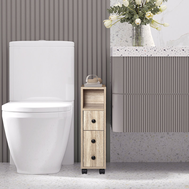 Armoire de salle de bain autoportante compacte avec 2 armoires ouvertes, 1 armoire à portes, 1 tiroir et 4 roulettes, couleur grain de chêne