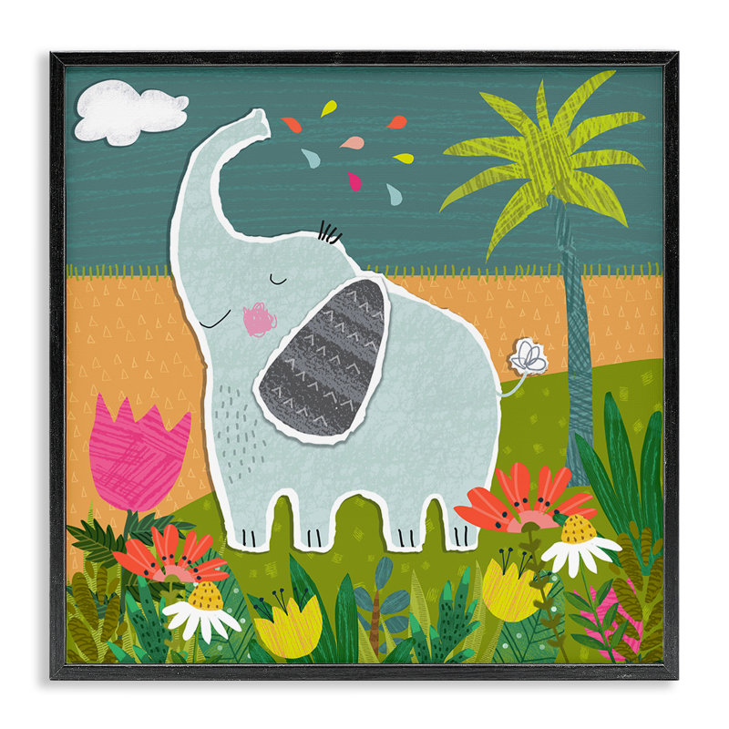 Scène d'éléphant tropical encadrée par Tina Finn, H 12 po x l 12 po, Giclée encadrée noir minuit