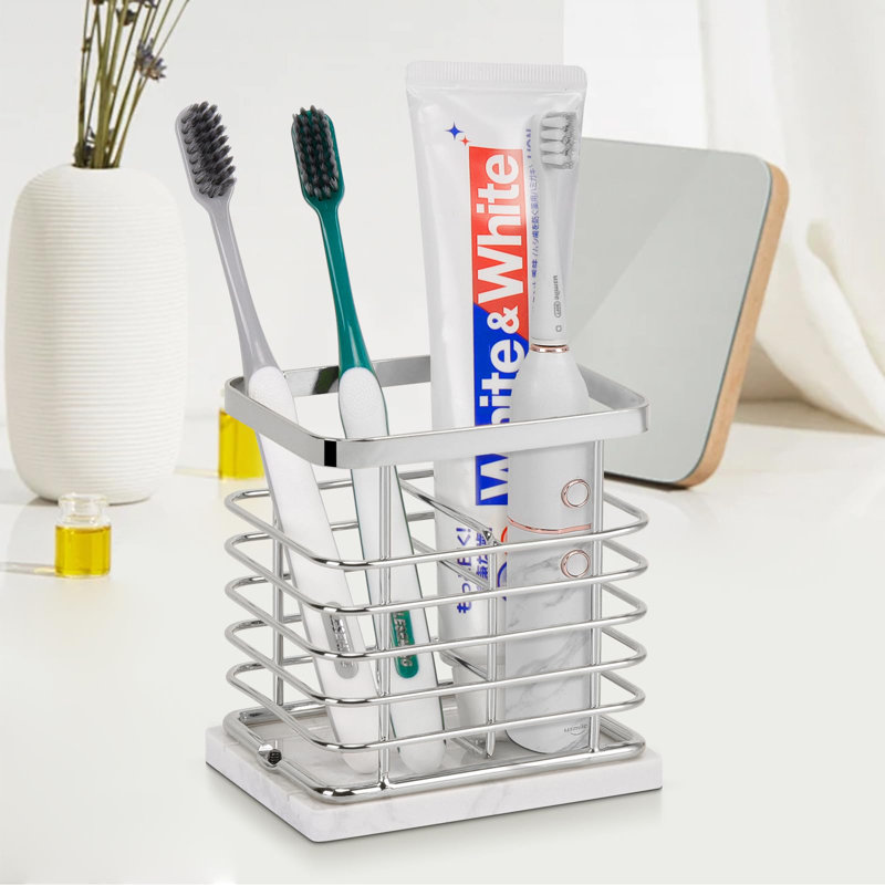 Porte-brosse à dents, porte-dentifrice en métal, base en marbre - 2 fentes, Chrome
