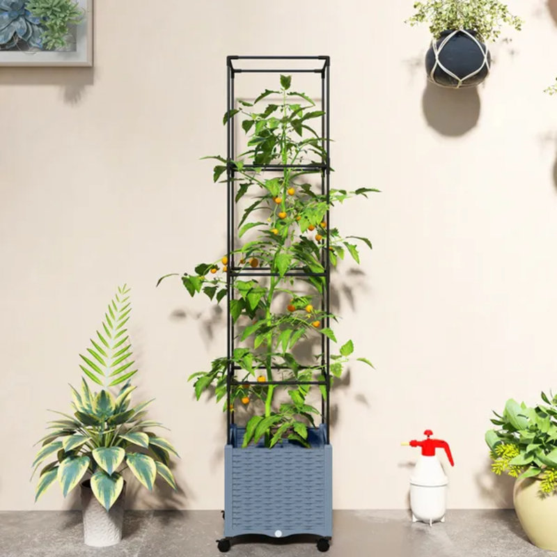 Lit de jardin surélevé avec treillis, pot à tomates mobile avec roues verrouillables, bac à fleurs surélevé avec trous de drainage