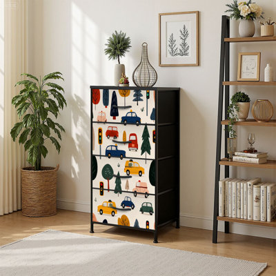 4 Drawer Vertical Storage Dresser Seamless cute cars traffic signs used for room textile with Wood Top Fabric Pull Drawers