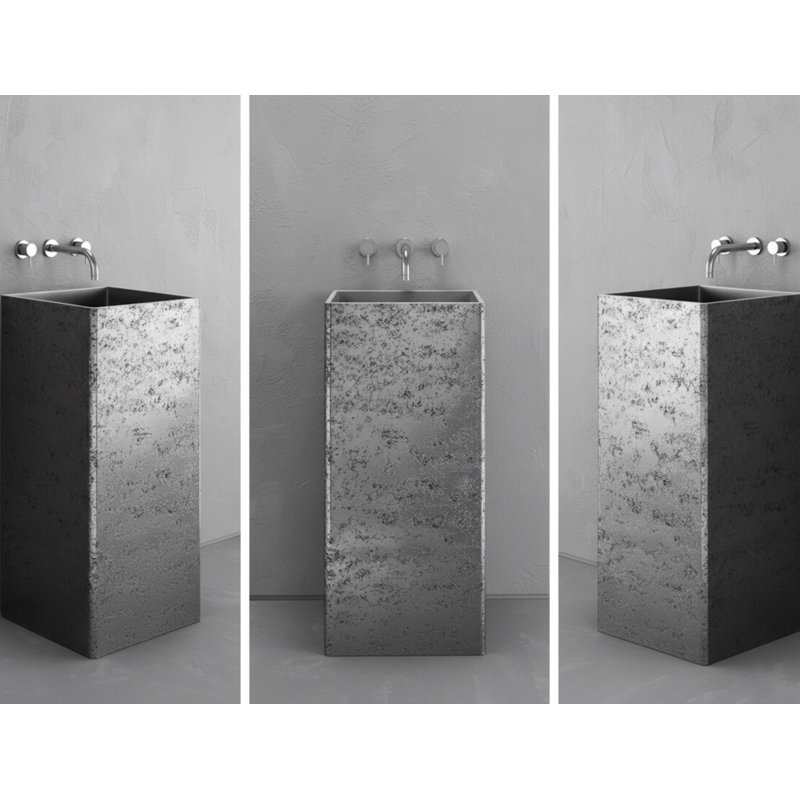 Vast Studio 33.5” Tall Textured Aged Silver/Gray Freestanding Pedestal Sink – Rectangular Basin with Metallic Luxury Finish & Modern Minimalist Spa-Inspired Design