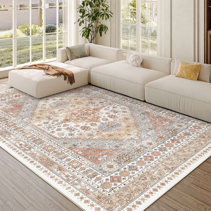Malaika Machine-Washable Non-Slip Medallion Area Rug, Orange, Rectangle 5' x 8'