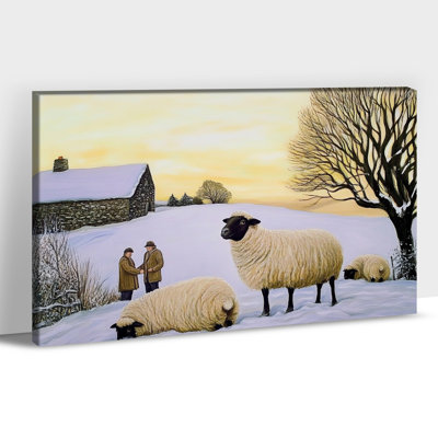 Hiver mouton, art mural sur toile, paysage de ferme rustique, impression de scène de neige pastorale pour le salon, la chambre à coucher, la décoration murale de bureau, 12 po x 16 po