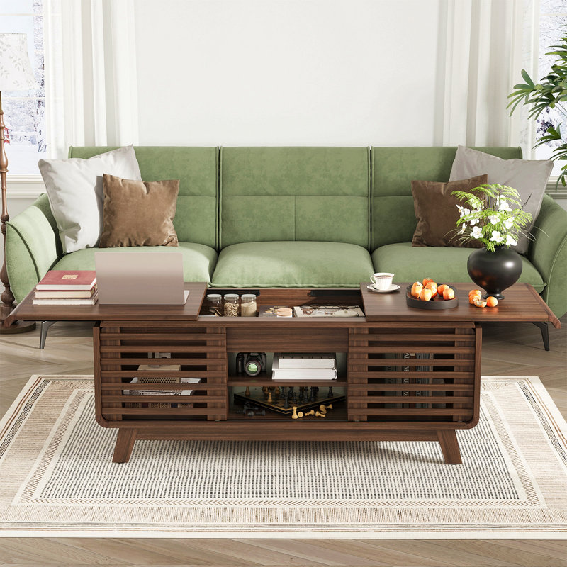 Coffee Table With Sliding Top, Wooden 47" Mid-Century Coffee Centre Table With Storage And Sliding Doors, Walnut