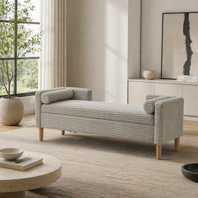 64.7"W Upholstered Corduroy Flip-top Storage End of Bed Bench, Accent Window Footrest with Armrests&Backrest&2 Bolsters Rubberwood Legs for Living Room, Hallway, Entryway Bedroom, Light Gray