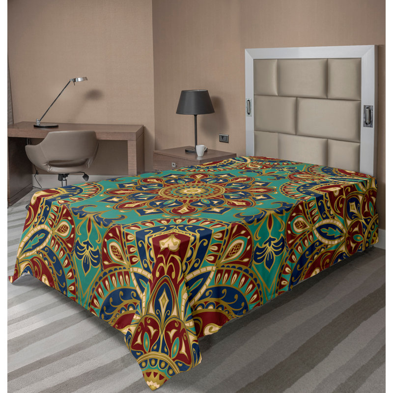 Ambesonne Mandala Top Flat Sheet Oriental Teal Indigo Ruby, Twin Flat Sheet