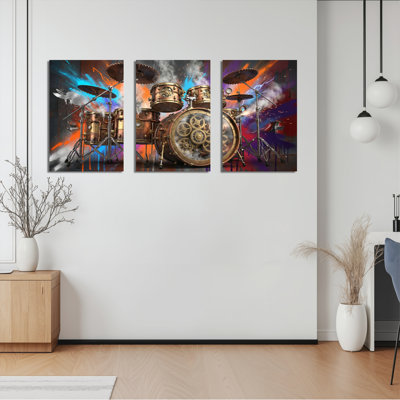 Ensemble de 3 tableaux muraux Steampunk représentant une batterie, sur toile tendue, pour salon, chambre ou studio de musique.