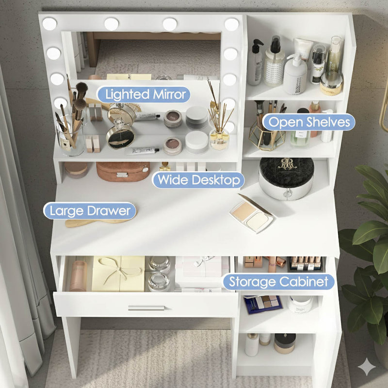 Vanity Desk with Mirror and 12 LED Lights, Large Storage Dresser with Oversized Drawer & 3-Tier Cabinet, Dressing Table with 3 Lighting Modes Adjustable Brightness for Bedroom, White