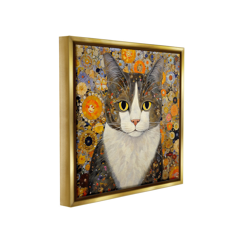 «Mosaic Pattered Cat Floater Frame» par RB sur toile, H 18 po x l 18 po, Cadre flottant métallique doré