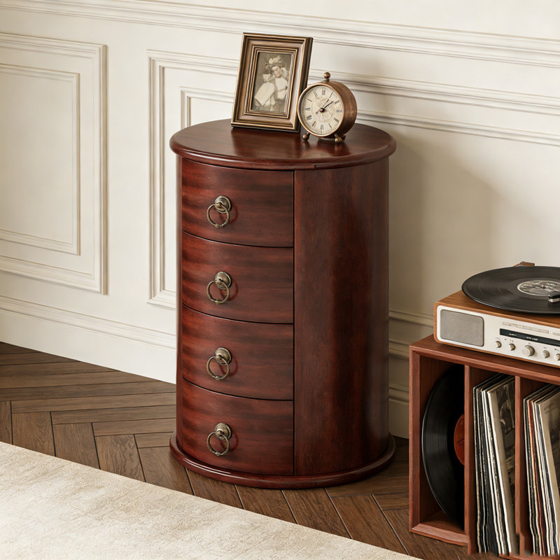 Wood Round Side Table With 4 Drawers