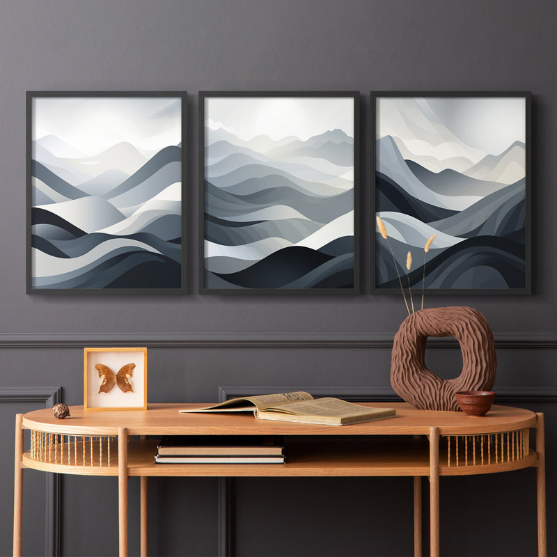 Lanscape Study Series LIX -Set de 3 estampes numériques giclées -Prêt à accrocher, Cadre noir, H 20 po x l 16 po