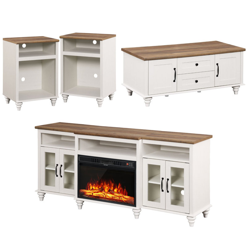 Ensemble de tables basses 3 pièces, meuble télé 70 po avec foyer, deux tables de bout et une table basse, blanc