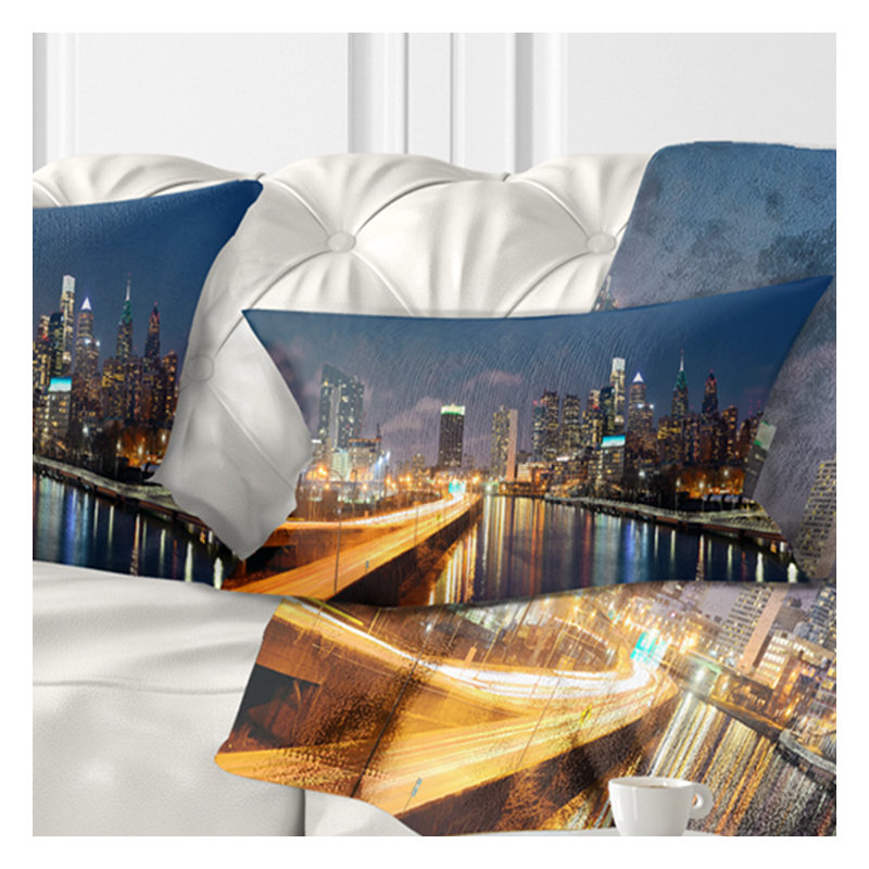 Coussin Philadelphia Skyline at Night, 12 po x 20 po, Coussin lombaire