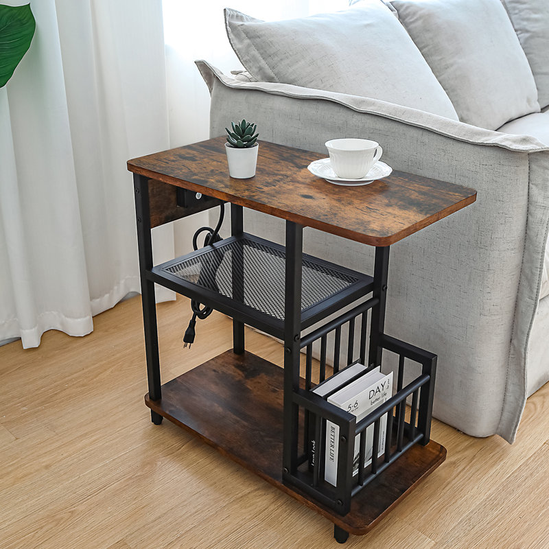 Brown Particle Board and Iron Side Table with USB Ports and Storage