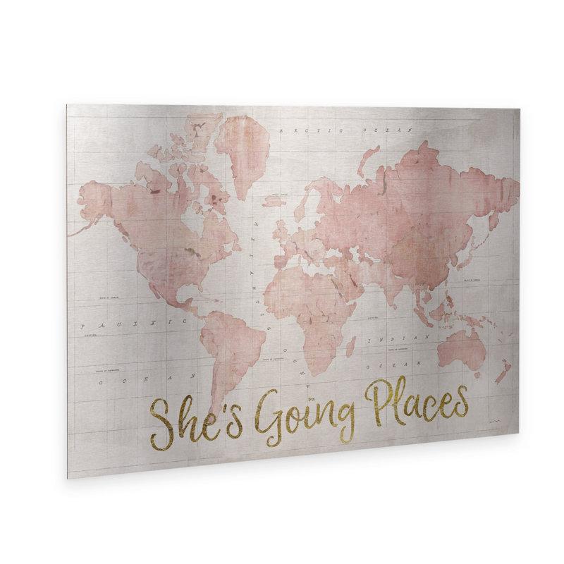 Art flottant en aluminium brossé «Across The World Shes Going Places Pink» de Sue Schlabach