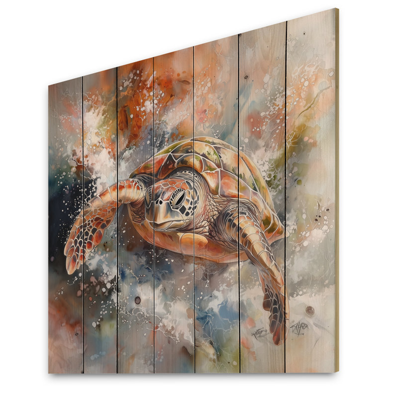 «Oceans Turtle Journey I», impression sur bois brun moderne sur bois de pin naturel, H 25 po x l 25 po