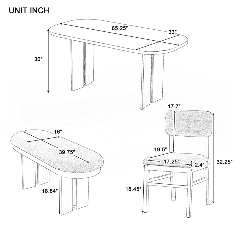 6-Piece Upholstered Rectangular Dining Room Table Set with Bench, Espresso