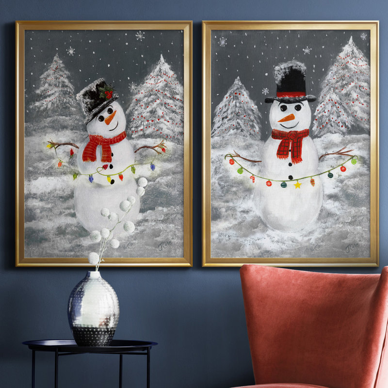 Festive Snowman I - ensemble de 2 reproductions d'art, H 22,5 po x l 61 po x P 1,5 po, Toile encadrée dorée, Pas de tapis