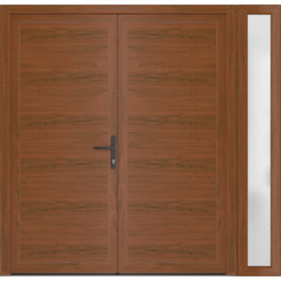 Portes d'entrée extérieures prémontées en PVC-U métal-plastique MANUX 8111, couleur noyer, avec imposte latérale et fenêtre. Convient aux bureaux, aux commerces et aux habitations. Entrée, patio, garage, 84 x 80 pouces.