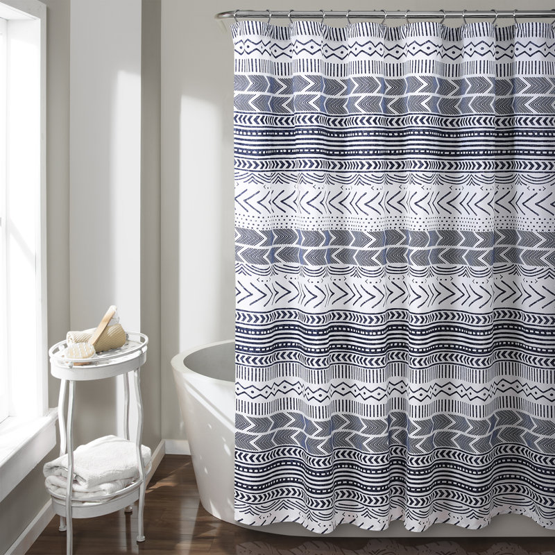 Rideau de douche simple 100% coton Hygge Geo, Bleu marine/blanc