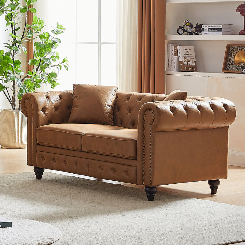 FX 63.5" Contemporary Design Chesterfield Sofa, Brown Fabric