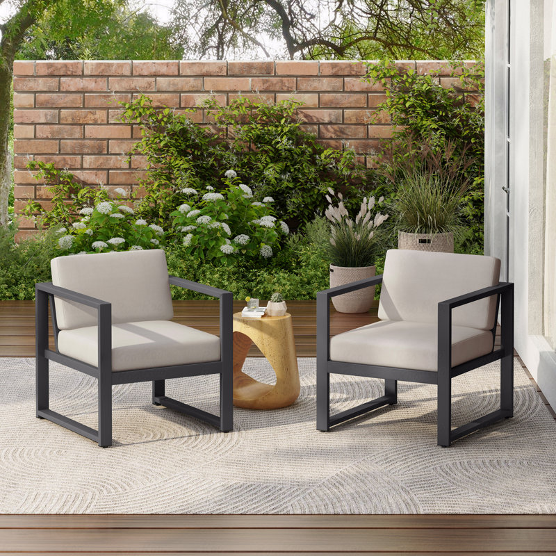 Set Of 2 Outdoor Patio Club Chair, Black Frame With Beige Cushion