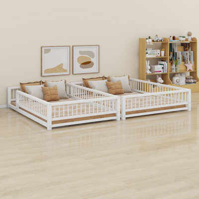 Floor Bunk Bed Frame With Ladder And Safety Guardrails