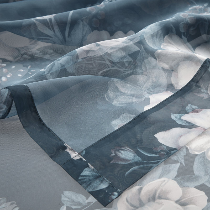 Navy Floral Sheer Rod Pocket Back Tab Curtain Panel