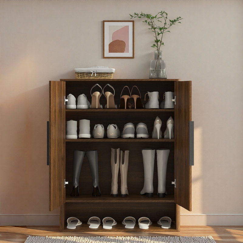 Wooden Fluted Shoe Cabinet With Wide Top Shelf And Adjustable Shelves, Brown