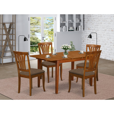 5 Piece Kitchen Table Set for 4 Includes a Rectangle Dining Room Table with Butterfly Leaf and 4 Linen Fabric Upholstered Chairs, 32x60 Inch, Saddle Brown