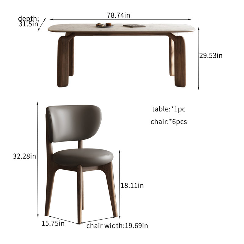 Ensembles de table de salle à manger modernes en bois massif avec plaques en pierre., H 29,53 po x L 78,74 po x l 31,5 po