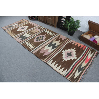 Handwoven Turkish Kilim Runner Rug in Vintage Style with Bohemian Brown Accents