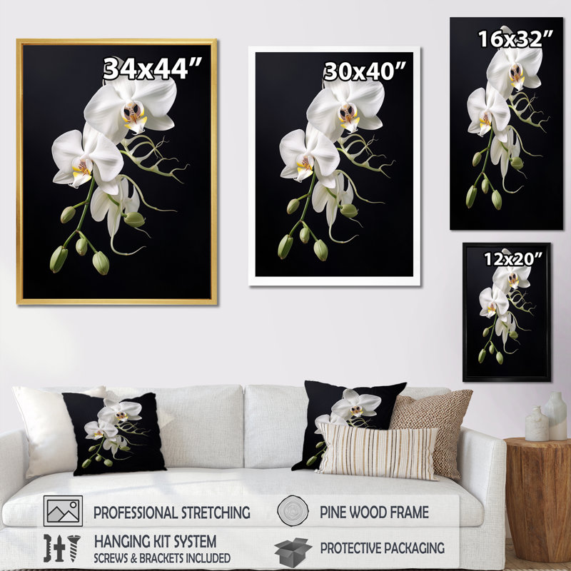 Orchidée délicate noire et blanche - décoration murale orchidée, H 32 po x l 24 po x P 1 po, Cadre flottant brun