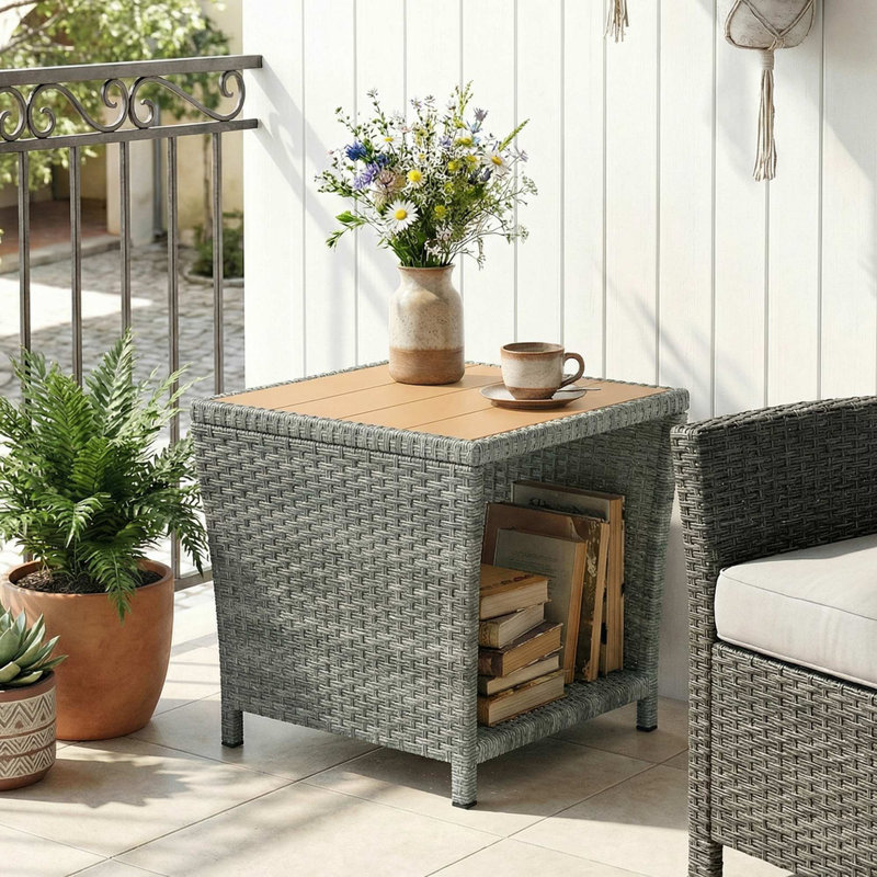 Square Metal Outdoor Side Table , 45cm cm W 45cm cm D, Natural Top/Light Grey Base