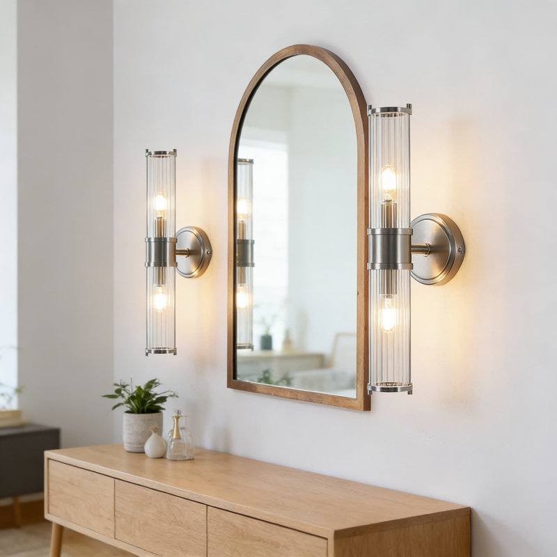 Modern Bathroom Sconce Wall Lighting - Nickel Vanity Light Fixture With Cut-Glass Design, Vertical And Horizontal Mount, 2-Light Indoor Wall Light For Hallway And Living Room (E12 Bulbs Not Included)