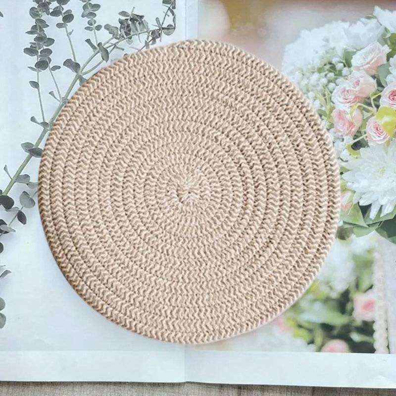 Ensemble de 4 napperons ronds en coton tressé à la main résistant à la chaleur, Blanc / beige