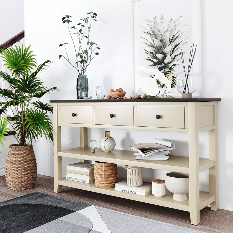 Retro Design Console Table With Two Open Shelves, Pine Solid Wood Frame And Legs For Living Room (Beige), Beige