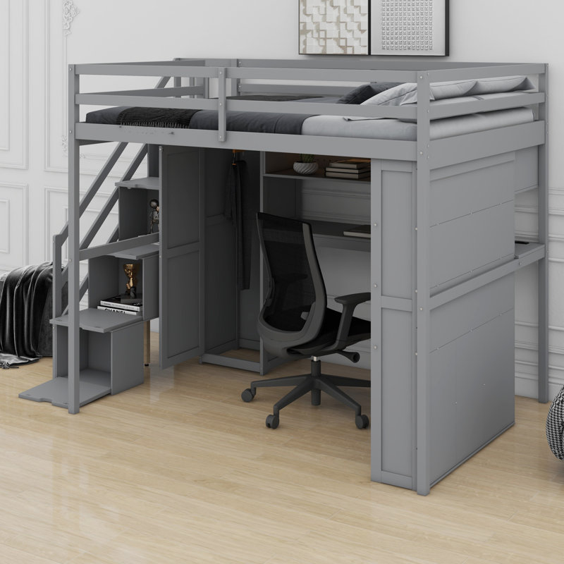 Structure de lit avec rangement et garde-robe intégrée, bureau d'étude, tablettes et lumières intégrées, Gris