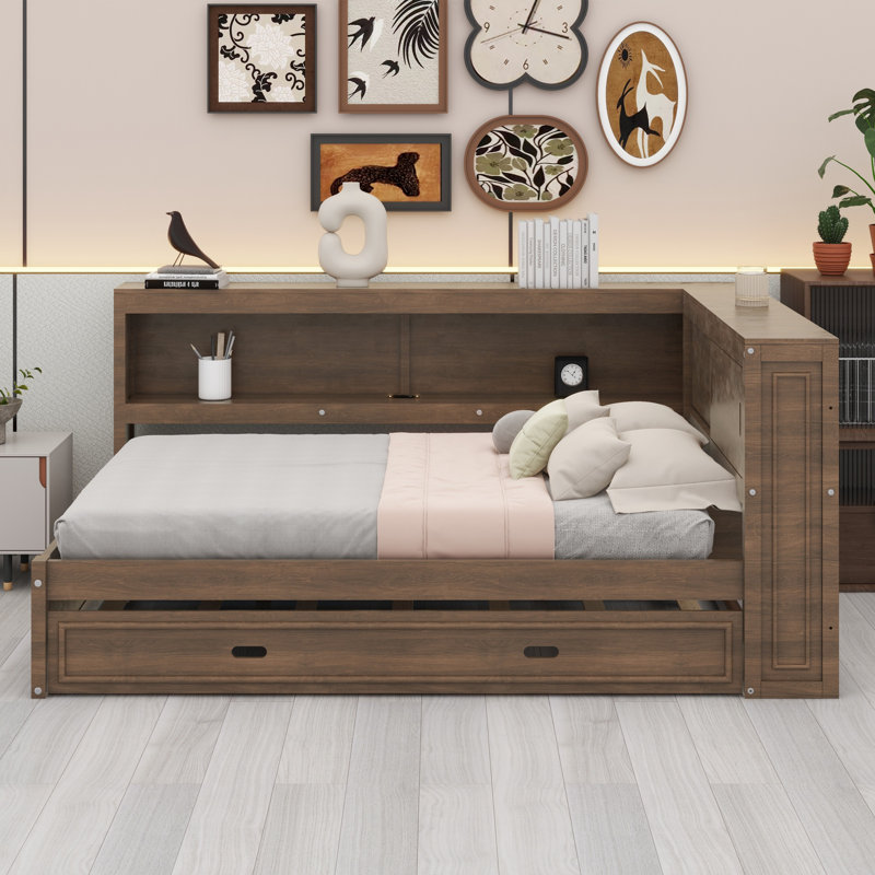 Lit de jour avec tablettes de rangement, USB, DEL et lit gigogne, Antique Wood