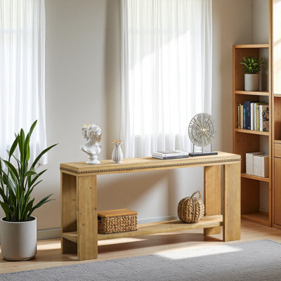 Console 63 "avec tablette de rangement Boho - Table de ferme rustique avec garniture perlée, table d'entrée étroite à 2 niveaux