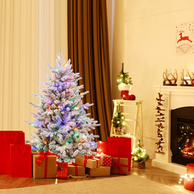 Costway Flocked Christmas Tree With 8 Lighting Modes 350 Multi-color Led Lights