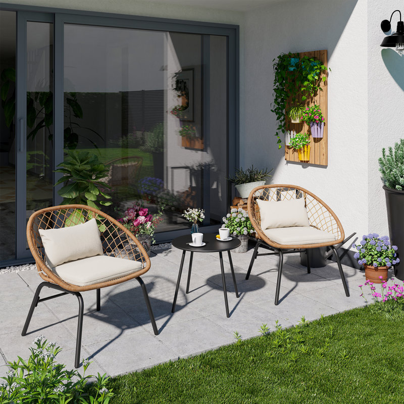 3 Piece Patio Bistro Rattan Chair & Table Set with Cushions, White