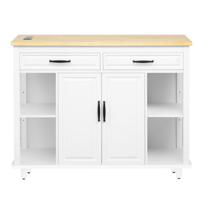 47.2" Kitchen Island With 13.8" Back Extendable Table, Rubber Wood Veneer, Internal Storage, Built - In Power Station