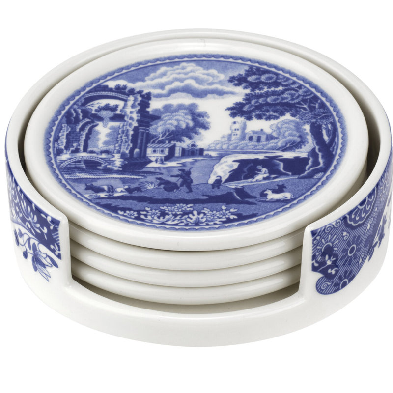 Blue Italian Ceramic Coaster Set with Holder