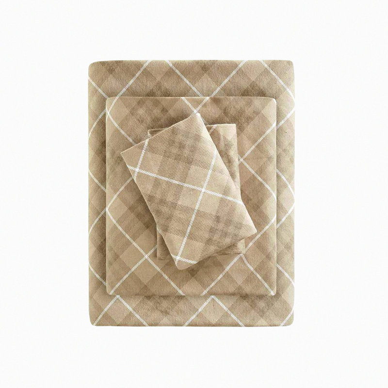 Arctic Dream Plush Cotton Sheet Set - Full Size - Animal & Star Print - Cozy - Ultra Soft - Cold Weather Bedding - Tan Plaid - 4 Piece