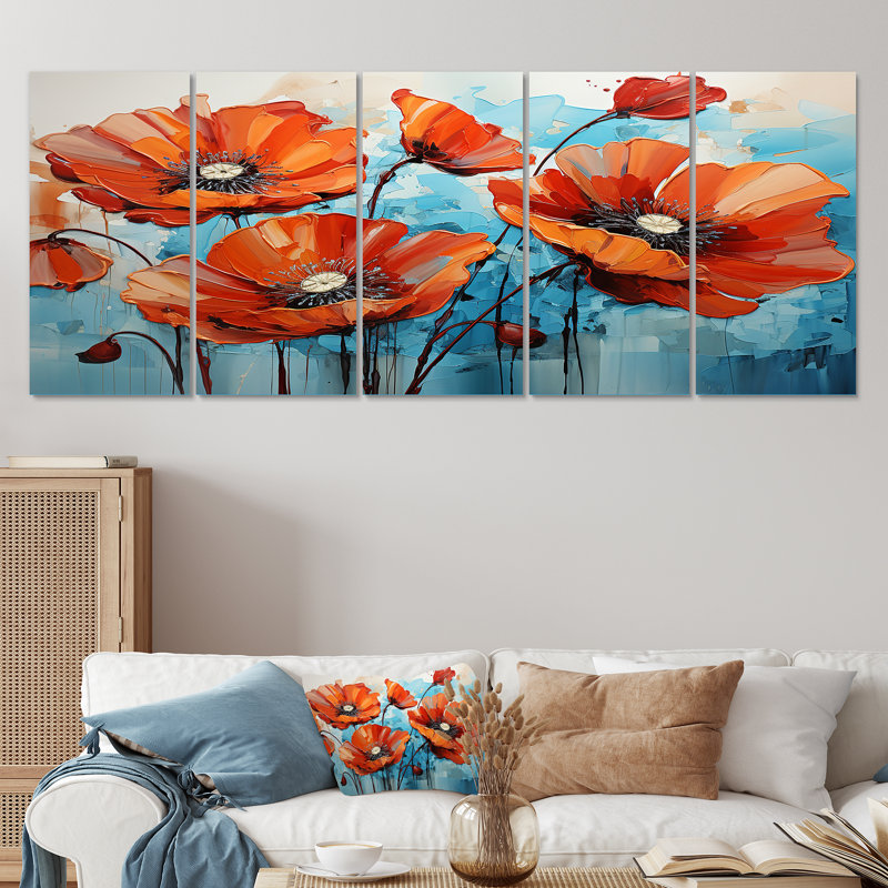 Orange et bleu «Poppy Meadow» - ensemble d'art mural 5 pièces coquelicots, H 32 po x l 80 po