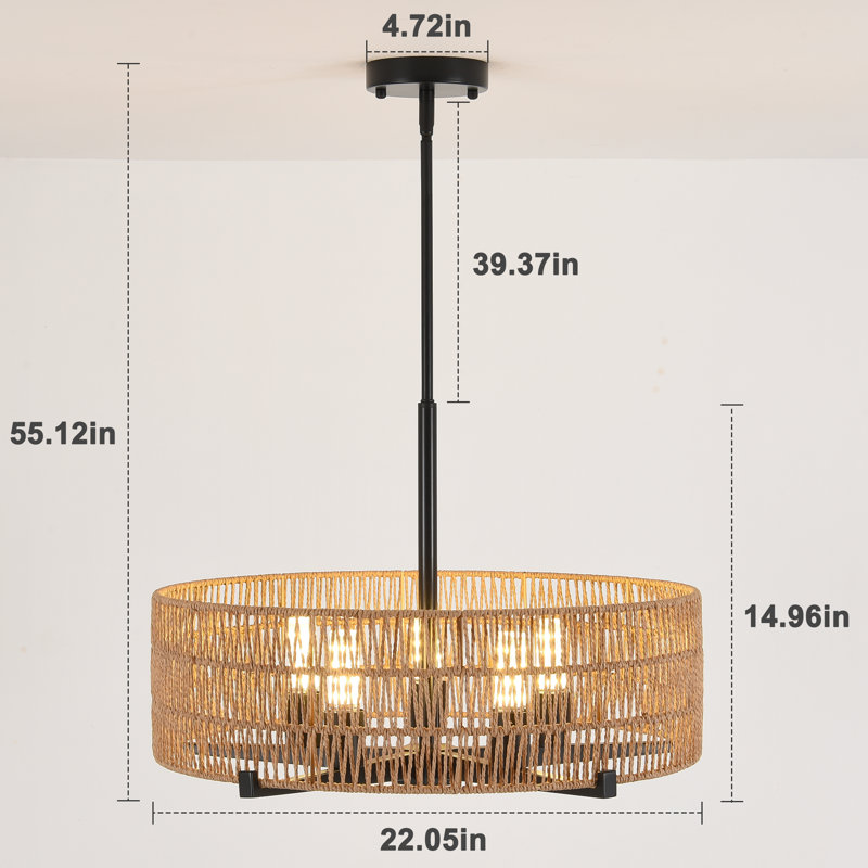 5-Light 22" Boho Coastal Rattan Chandelier, Farmhouse Wicker Pendant Light Fixture For Dining Room, Living Room, Kitchen Island, Bedroom, Hallway, Foyer